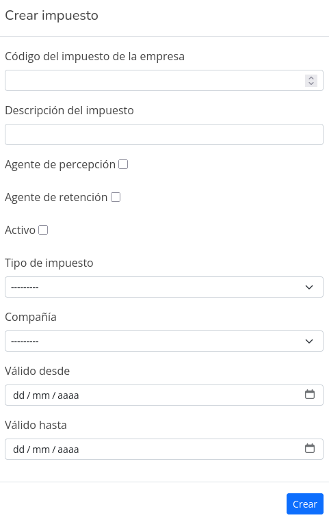 Modal Crear Impuesto Compañía