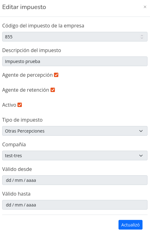 Modal Editar Impuesto Compañía