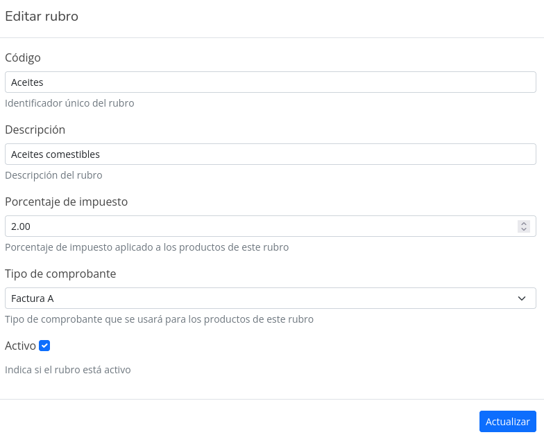 Modal Editar Rubro