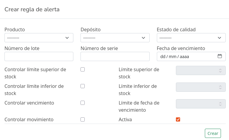 Formulario para crear una regla de alerta