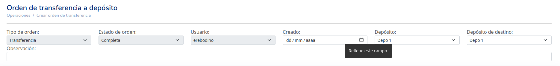 Formulario de creación de una transferencia entre depósitos