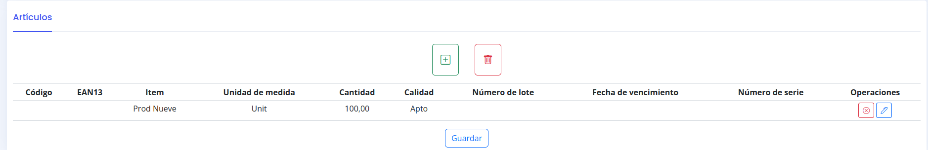 Interfaz de edición de una orden de entrada