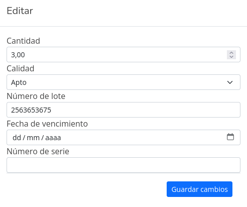 Edición de ítem de stock
