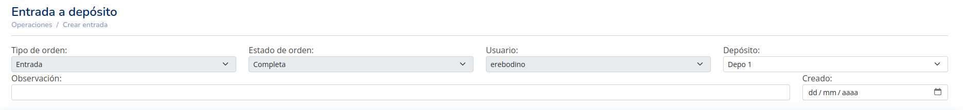 Datos generales de una nueva operación de entrada