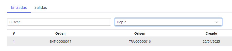 Registro de entrada originada por una transferencia en la tabla de ingresos