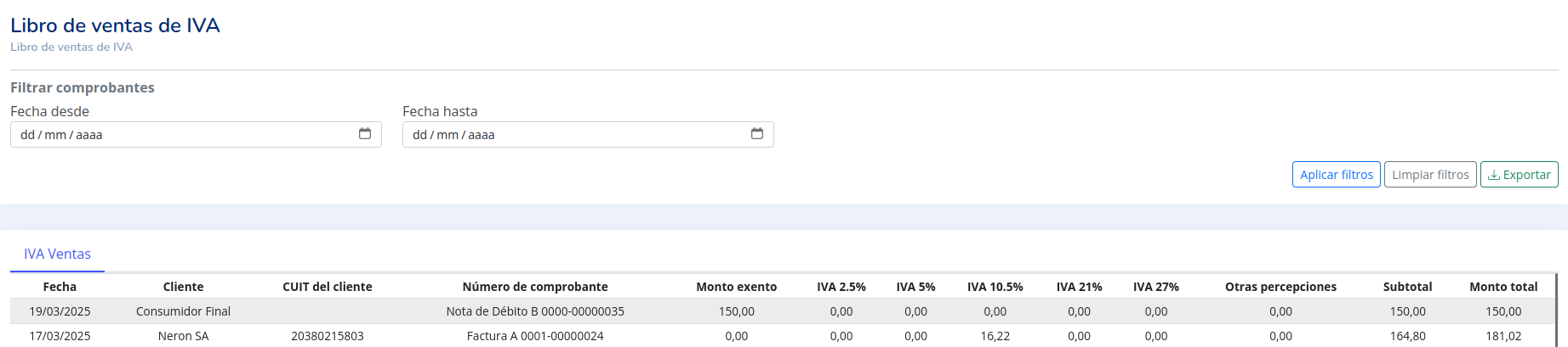 Filtros del Reporte IVA Ventas
