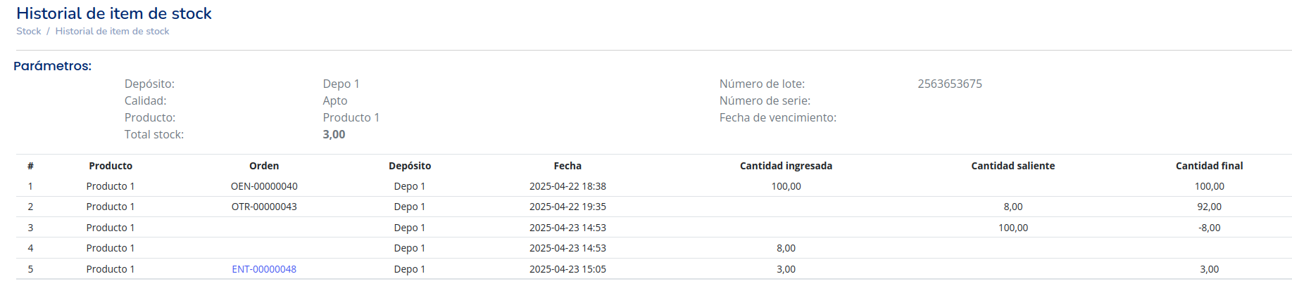 Historial de movimientos de stock
