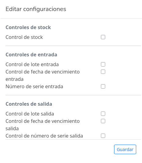 Formulario de edición de configuración de productos