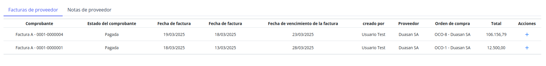 Pestañas de Reportes de facturas de proveedores
