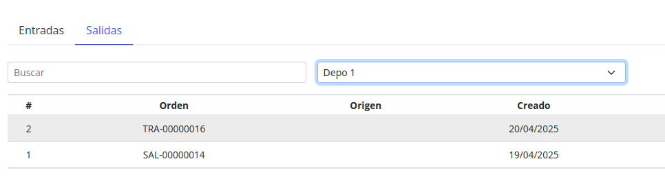 Registro de salida por transferencia (TRA) en la tabla de salidas