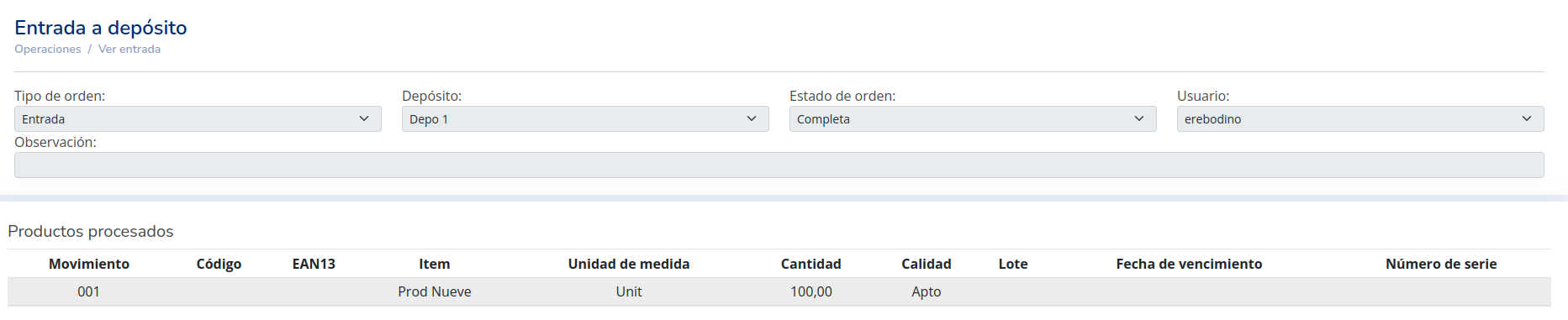 Visualización de los detalles de una operación de entrada